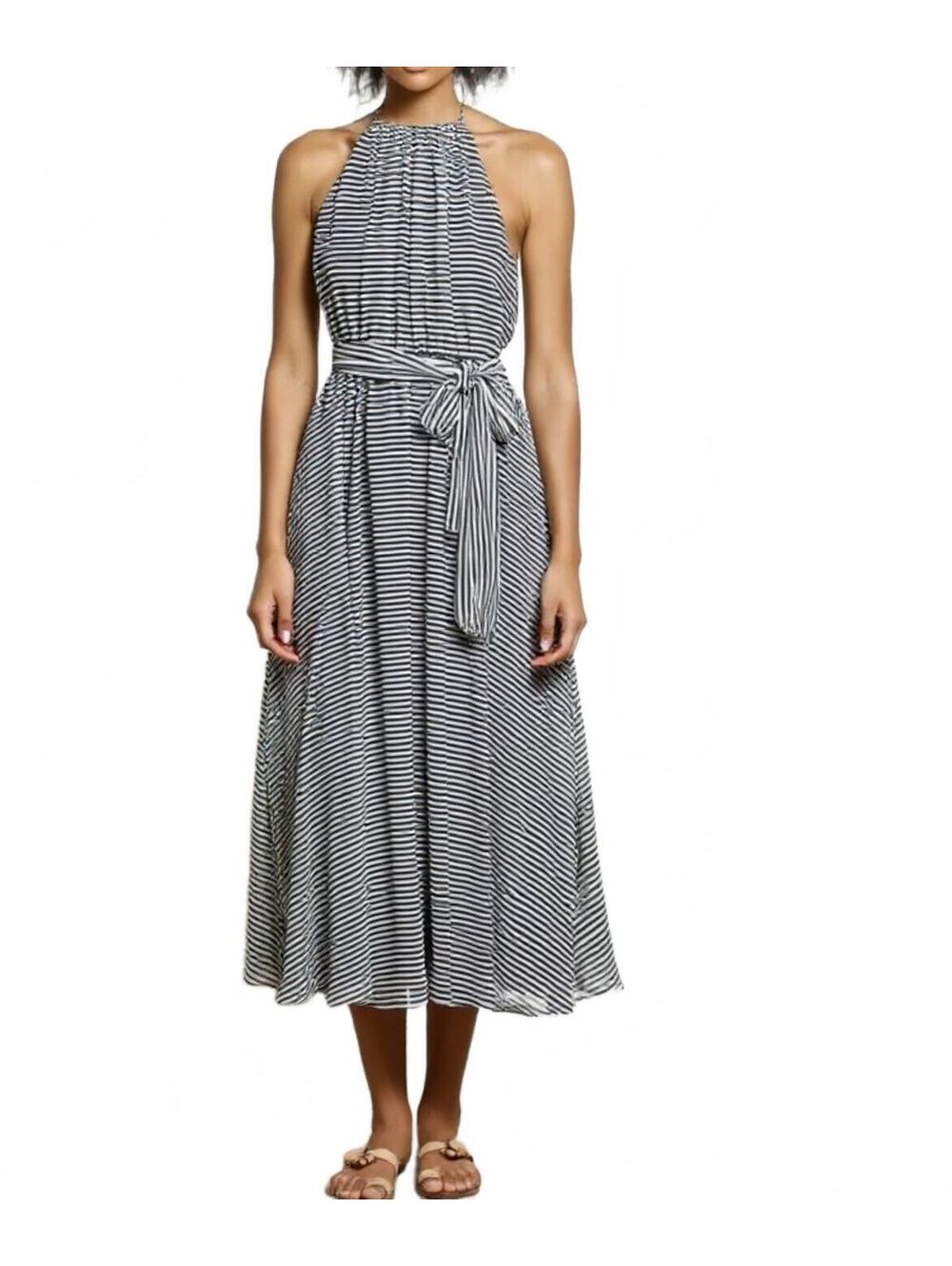 Isaac Mizrahi Black White Stripe Halter Maxi Dress Womens 10 Sleeveless Belted